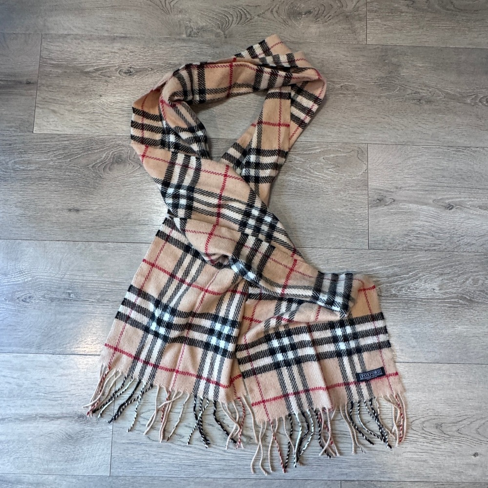 Foxford Ireland 100% Lambswool Plaid Scarf Tan Black Red Fringed Made in Ireland